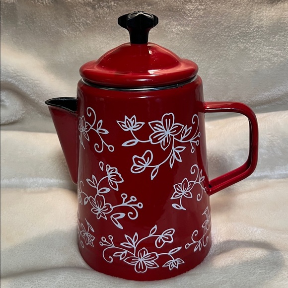 TEMPTATIONS BY TARA ☕️ RED FLORAL LACE OVEN/STOVETOP SAFE PERCULATOR COFFEE POT - Picture 3 of 13